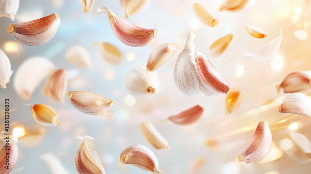Poster dynamic rendering of floating garlic cloves surrounded by swirling light trails set against blurred 