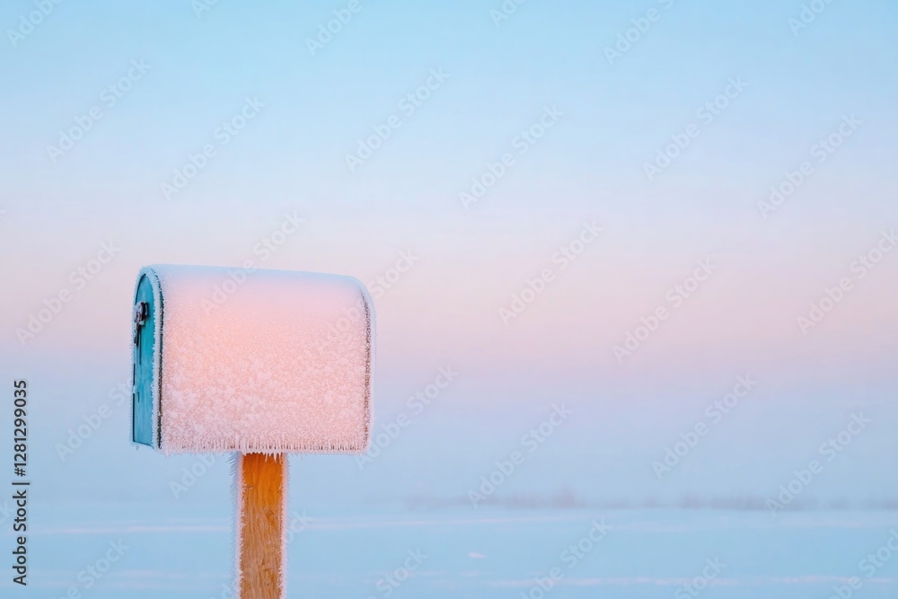 Poster frost-covered mailbox in quiet rural setting catches light of cold morning creating serene and minim