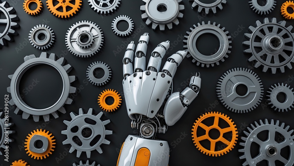 Poster a robotic hand reaching towards an array of intricate gears against a dark background, showcasing in