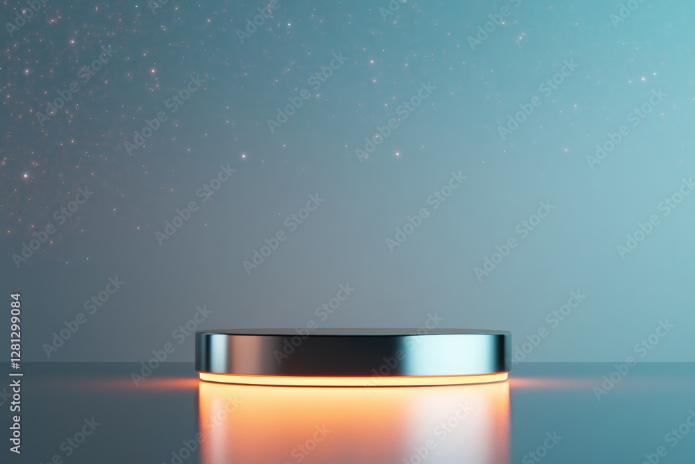 Poster futuristic metallic podium with sleek lines and glowing cosmic background softly illuminated with am