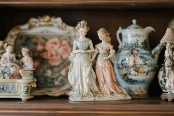 Fototapeta premium Close - up of Rococo Revival ceramic figurines on a vintage shelf, depicting romantic couples and floral scenes