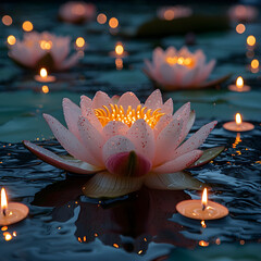 Pink lotus flowers floating on water with burning tealight candles at dusk