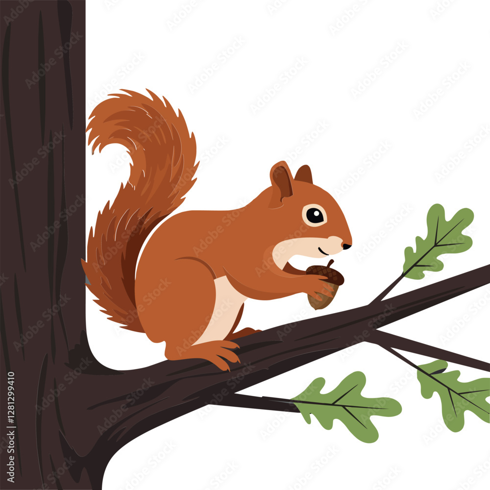 Aufkleber a playful squirrel sitting on a tree branch munching on an acorn in a flat vector illustration style