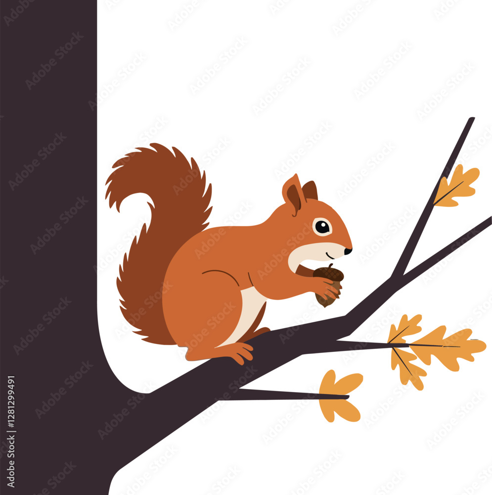 Poster a playful squirrel perched on a branch with autumn leaves in a minimalistic, colorful design style v