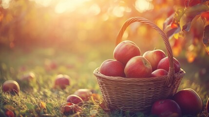 A Basket Of Ripe Red Apples In An Autumn Orchard