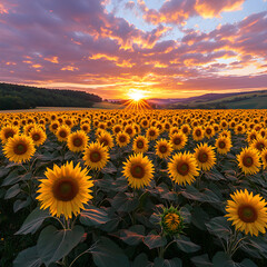Fototapeta premium Sunflowers field at sunset creating a stunning landscape