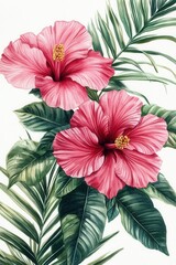 Obraz premium Watercolor painting of vibrant pink hibiscus flowers with lush green tropical leaves on a clean white background evoking a serene floral mood