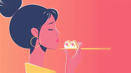 Woman Holding Sushi with Chopsticks Vector Illustration