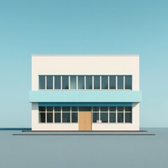 A 3D illustration of an office building with a blue and white color scheme, shown in a front view with large windows and a flat roof. 