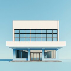A 3D illustration of an office building with a blue and white color scheme, shown in a front view with large windows and a flat roof. 
