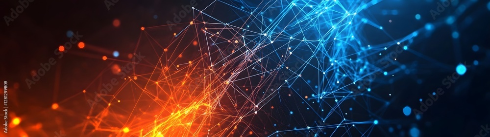 Poster Futuristic visualization of an interconnected digital network system featuring a dynamic display of illuminating data particles pulsating energy waves and captivating glowing patterns