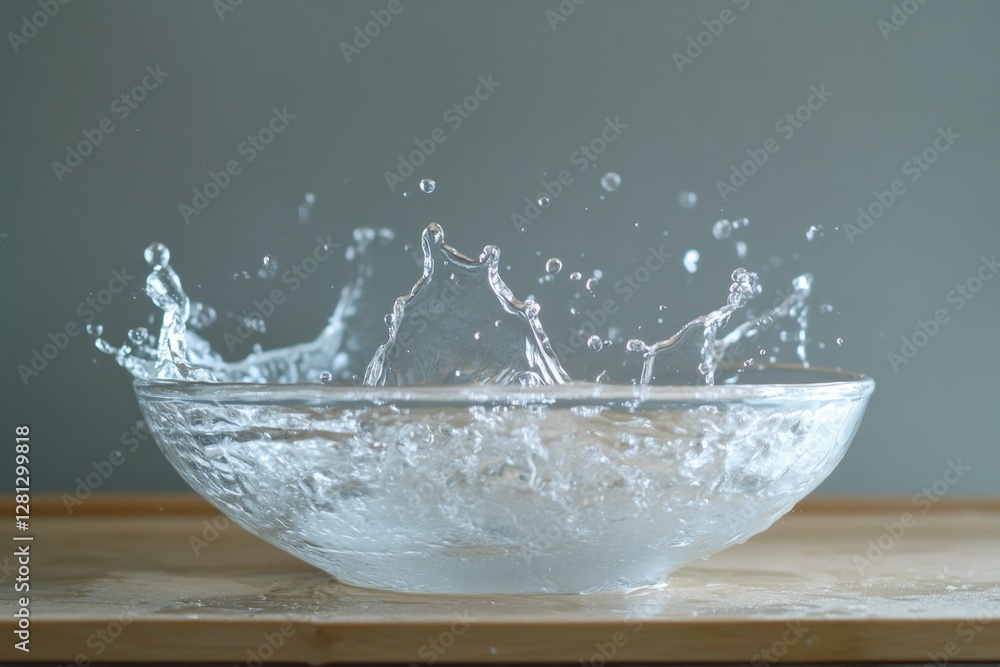 Poster dynamic water splash in a glass bowl on a wooden surface creating a refreshing and clean visual mood