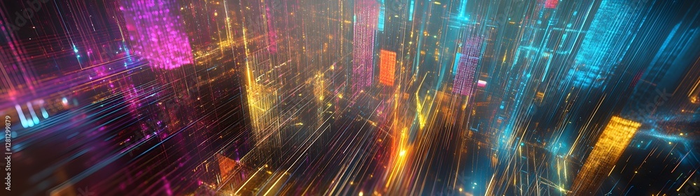 Poster Futuristic neon lit cityscape with glowing skyscrapers towering buildings and a dazzling array of colorful lights and data flows  Abstract digital background showcasing a high tech modern