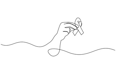 Obraz premium Continuous one line drawing hand holding ribbon and giving support to fight against cancer, Single one line drawing a hand holding a ribbon that forms a heart shape. Symbolizes support, awareness.