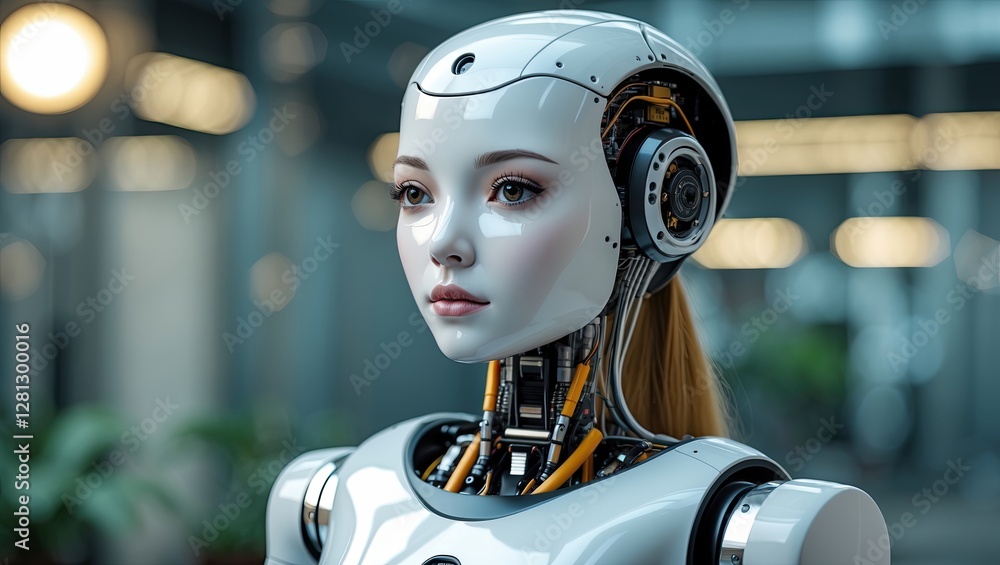 Poster close-up of a futuristic robot with smooth features and advanced technology, set in a modern indoor 