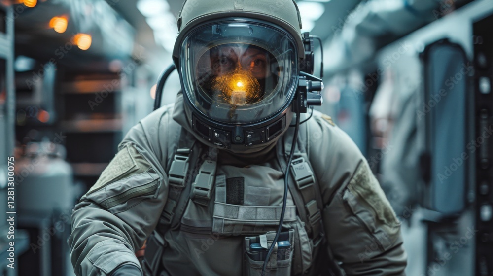 Poster a space explorer dressed in an advanced protective suit is preparing for a mission inside a futurist