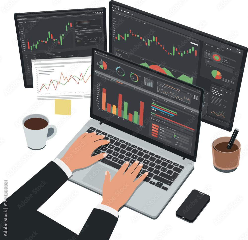 Poster a person analyzing financial data on a modern laptop and multiple screens in a flat vector illustrat