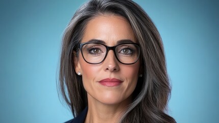 Fototapeta premium Portrait of a woman with long brown hair wearing glasses against a light blue background. She has a serious expression. The image has a slightly