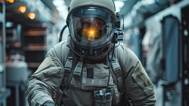 A space explorer dressed in an advanced protective suit is preparing for a mission inside a futuristic spacecraft, surrounded by high tech equipment and bright lights.