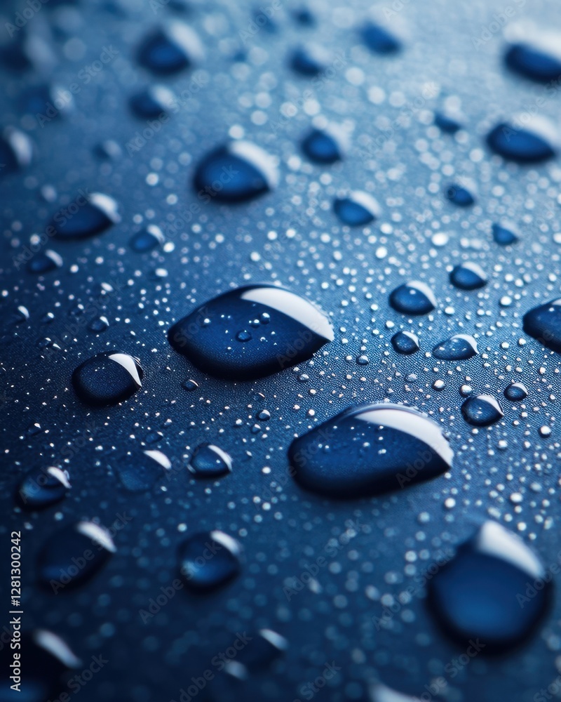 Poster captivating close up of water droplets on a smooth navy blue surface creating a refreshing and seren
