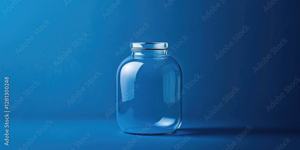 Poster minimalistic depiction of transparent glass jar with metal lid centered on deep blue solid backgroun
