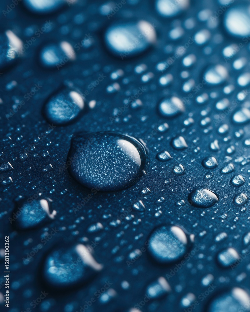 Poster captivating close up of water droplets on a blue surface creating a serene and refreshing visual tex