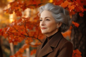Elegant senior woman enjoying autumn colors in nature