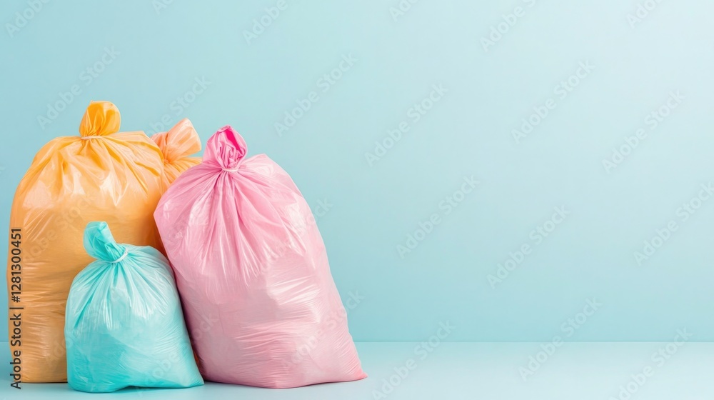 Poster neatly arranged pile of colorful trash bags ready for collection illuminated by soft light and surro