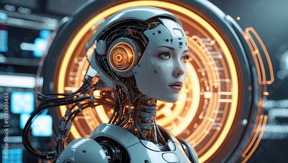 Poster a futuristic female robot with intricate circuitry and glowing elements, set against a high-tech bac
