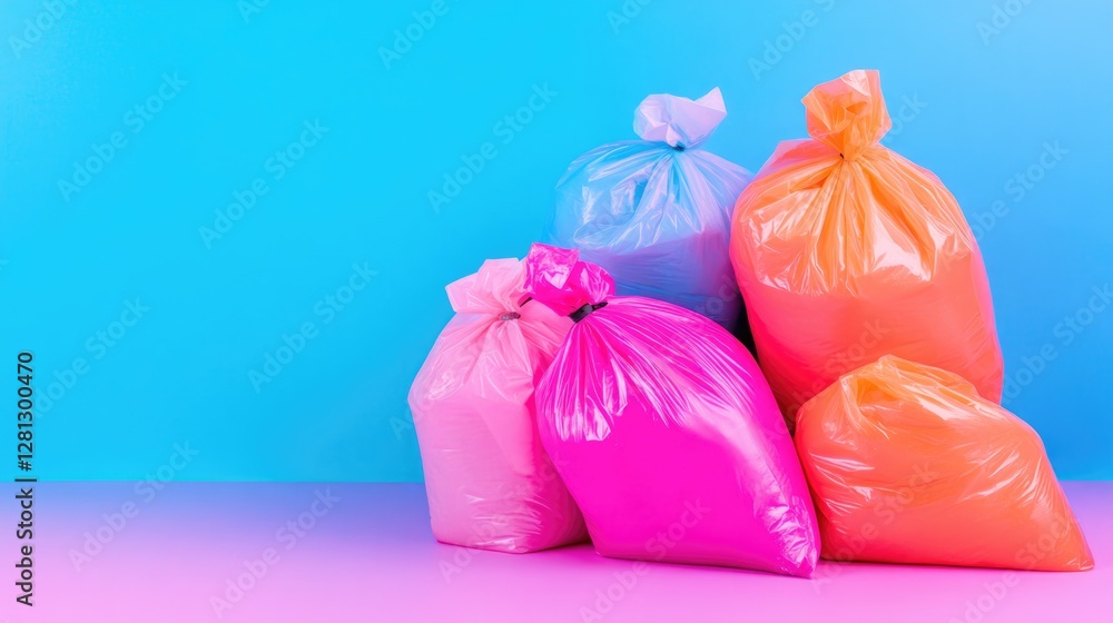 Poster neatly arranged pile of colorful trash bags ready for collection illuminated by soft light and surro