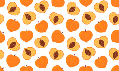 Peach seamless pattern. Half and whole fruits background design. Collection of organic vitamins and healthy nutrition. Flat Vector illustration