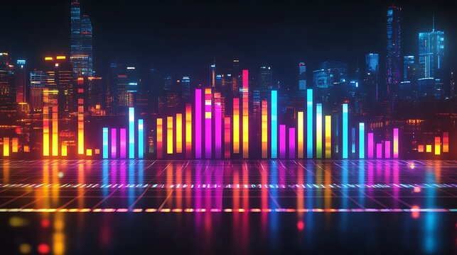 Neon Cityscape Illuminated by Colorful Audio Visualizer Bars