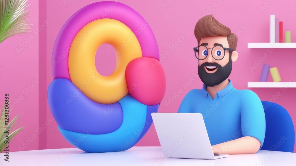 Poster smiling man with beard works on laptop next to a large colorful abstract 3d shape. pink background, 