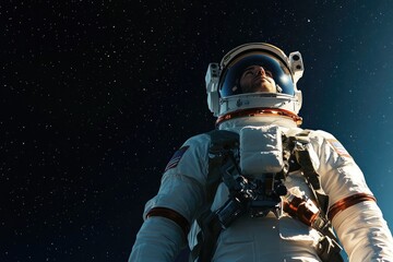 portrait of proud astronaut in spacesuit gazing upwards helmet off celebrating human space exploration