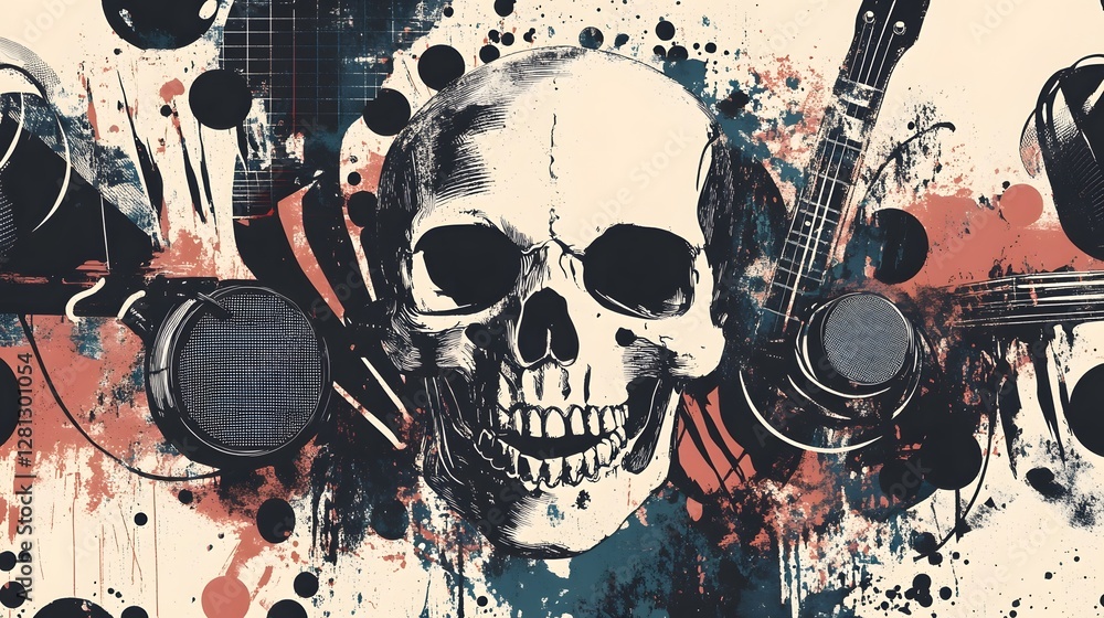 Aufkleber grunge skull composition with music instruments