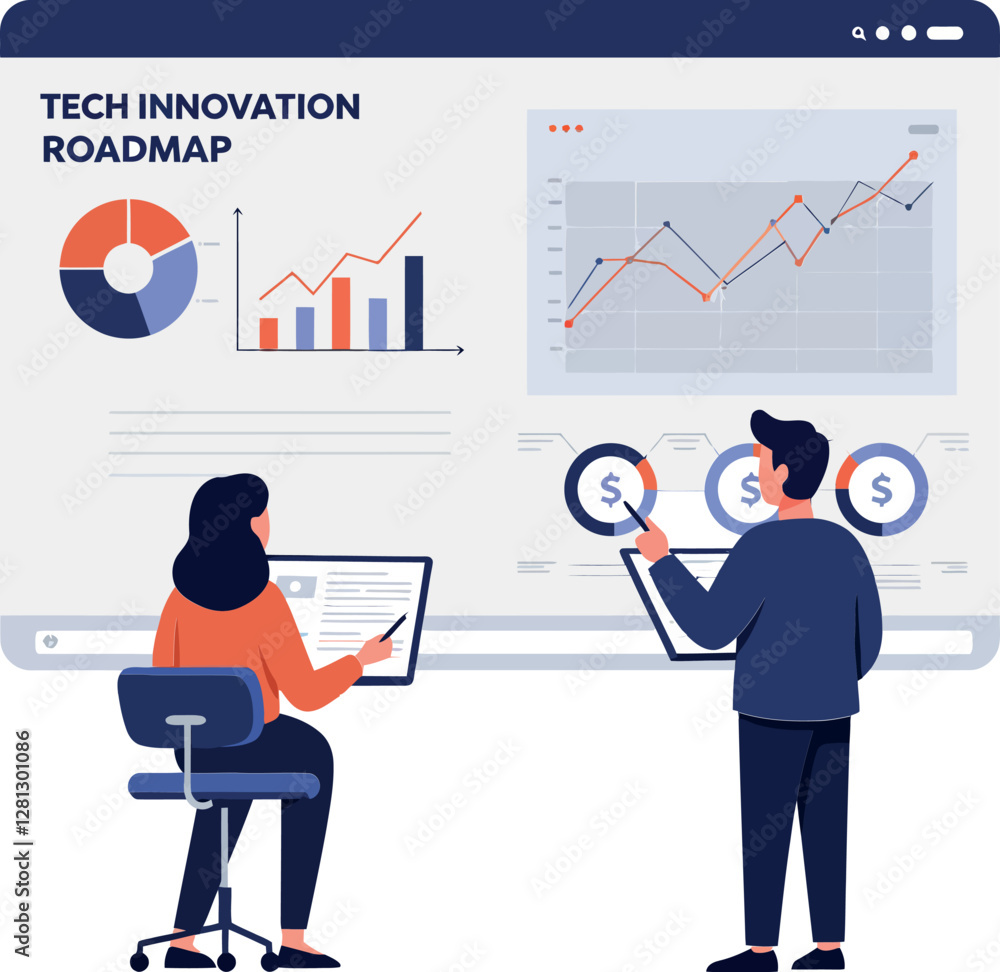Aufkleber two professionals analyzing data on a large screen in a modern office setting, minimal flat vector i