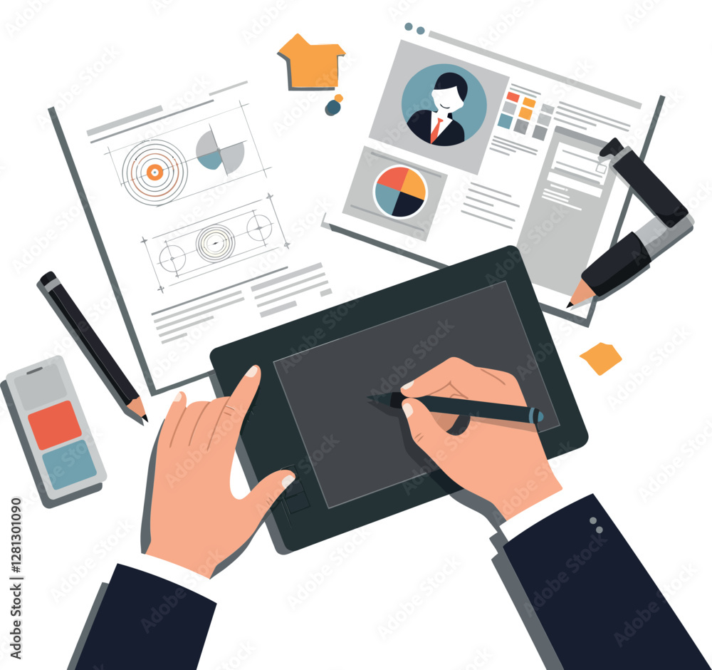 Poster hands holding a stylus on a digital tablet surrounded by colorful design elements in flat vector art
