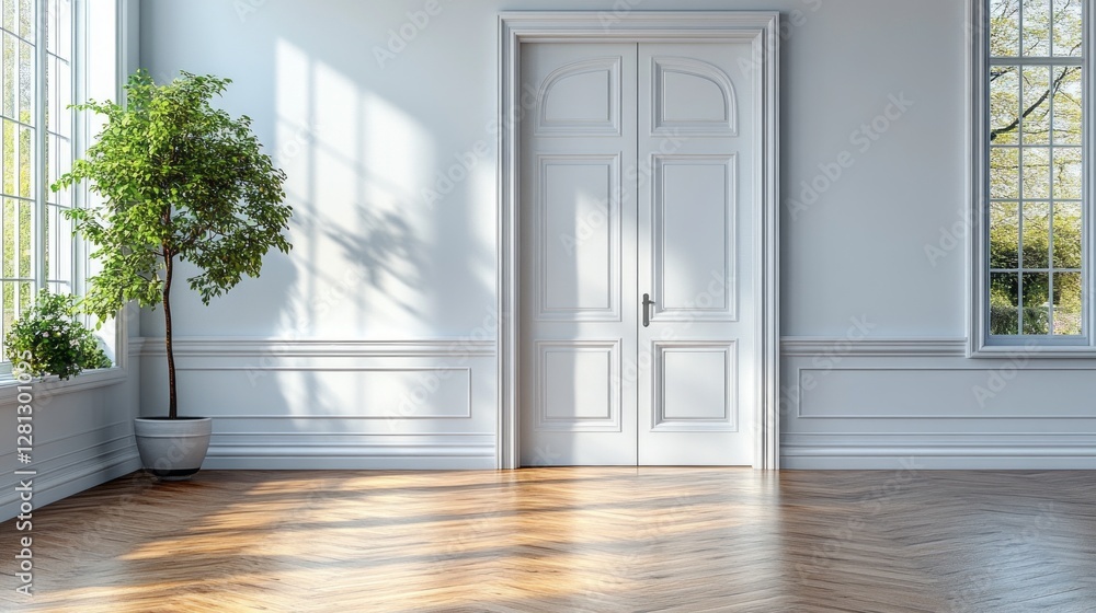 Poster sunlight streams through the open door, illuminating a tranquil white room adorned with high ceiling