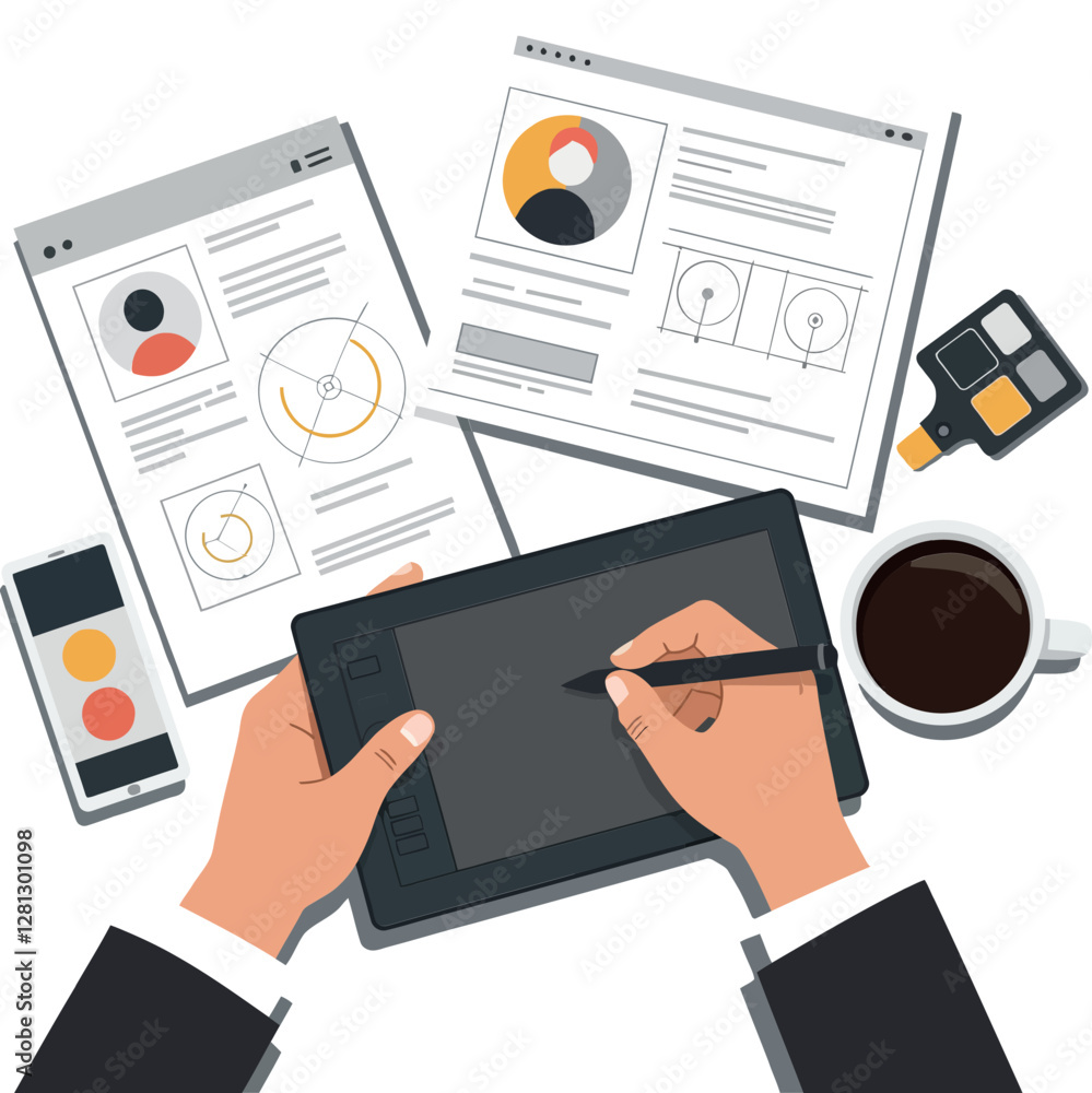 Poster creative professional using a graphic tablet to design digital art while surrounded by project paper