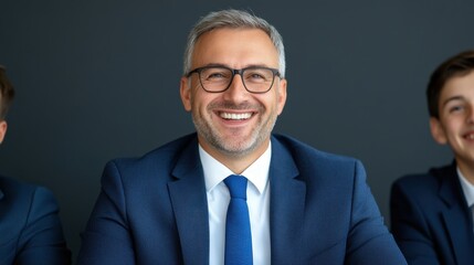 Smiling mature businessperson in a blue suit and tie sits in front of a younger colleague against a dark gray background. Professional portrait