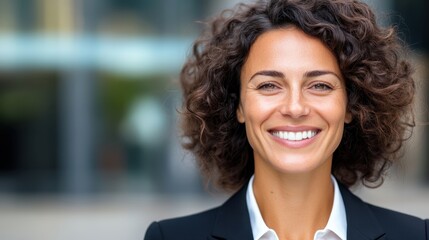 Fototapeta premium Smiling woman with curly brown hair wearing a black blazer and white shirt, posed against a blurred city background. Professional headshot with