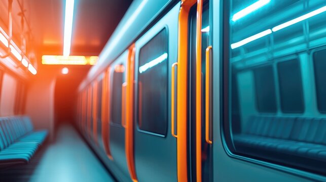 quiet empty metro train carriage with sleek modern interiors steadily moves through underground tunnel - Powered by Adobe