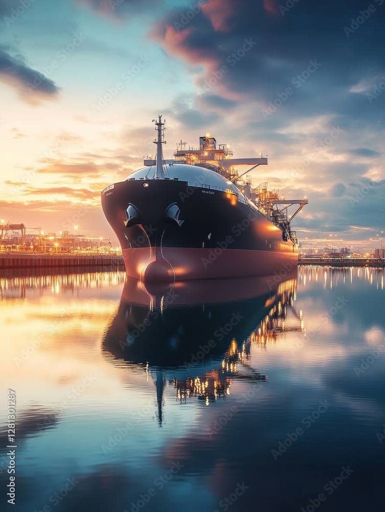 Aufkleber massive lng transport ship docked at industrial terminal during sunset with calm waters reflecting s