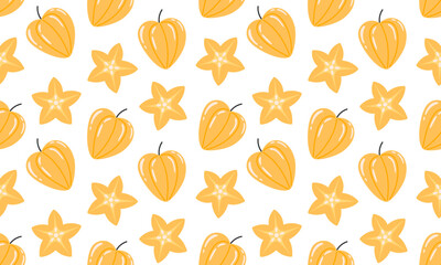 Carambola star fruit seamless pattern. Tropical fruits background design. Collection of organic vitamins and healthy nutrition. Flat Vector illustration