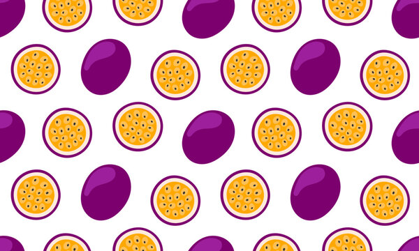 Passion fruit seamless pattern. Tropical fruits background design. Collection of organic vitamins and healthy nutrition. Flat Vector illustration