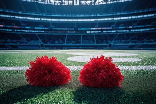 Two red pom poms on the football field in an empty stadium with copy space. Cheerleader accessories concept.