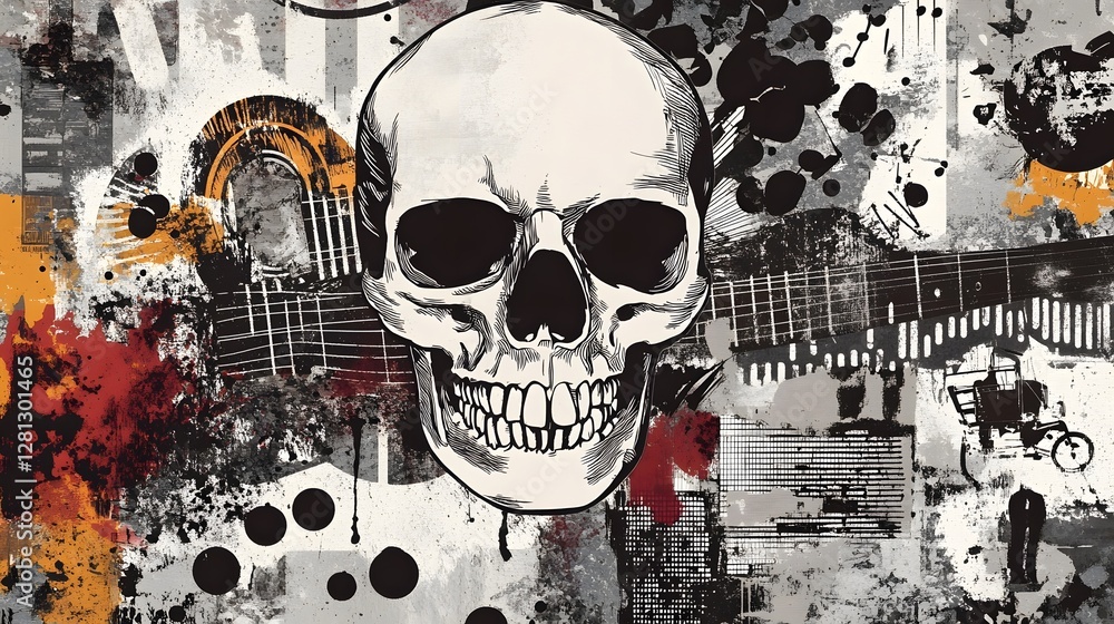 Poster Grunge Skull Graphic Collage with Gothic Rock Music Symbols and Abstract Patterns