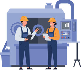 Two factory workers discussing machine operations in a detailed vector illustration featuring a large industrial machine and safety gear