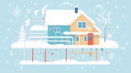 Illustration of a Winter House Showing Piping and Heating Systems Beneath the Snow-Covered Ground