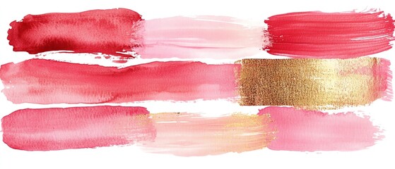 Abstract watercolor strokes in pink, red, and gold.